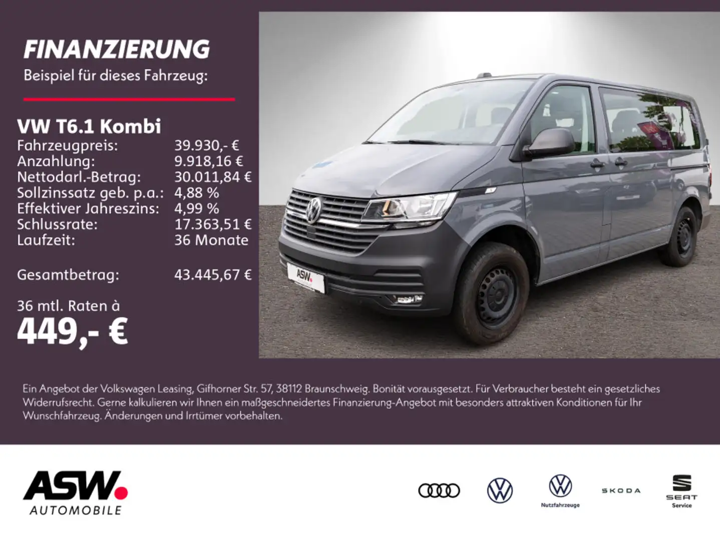 Volkswagen T6.1 Kombi 2.0 TDI Navi Klimaanlage PDC 8-Sitzer Grau - 1