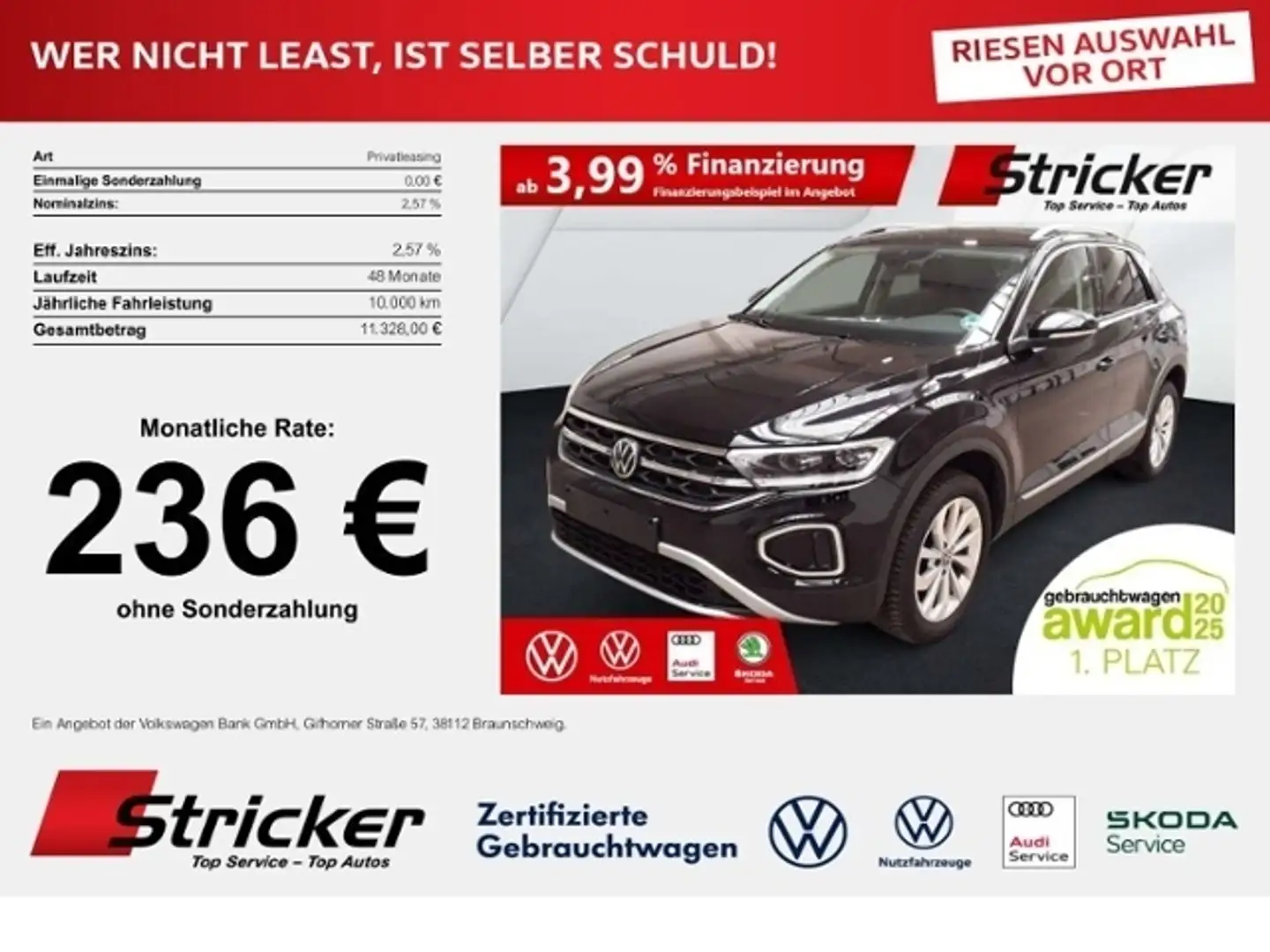 Volkswagen T-Roc Style 1.5TSI DSG 236,-ohne Anzahlung AHK Navi Schwarz - 1