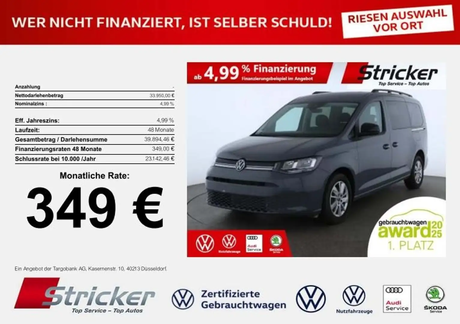 Volkswagen Caddy Life Maxi 2.0TDI 349,-ohne Anzahlung Kamera Navi Grau - 1
