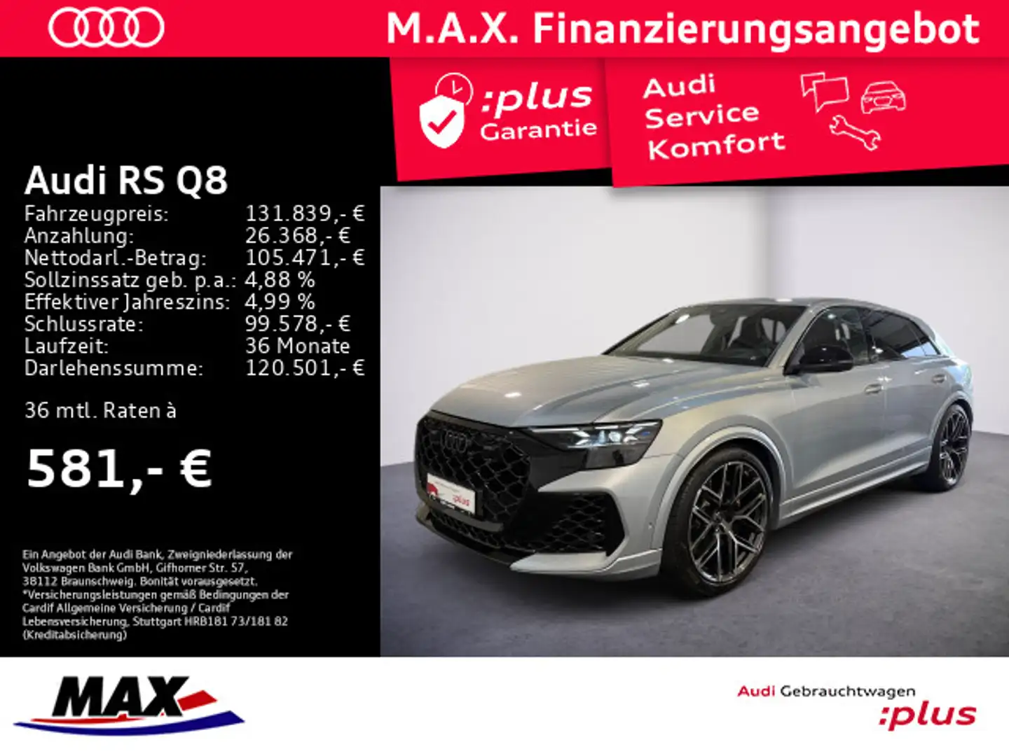 Audi RS Q8 HD MATRIX+AHK+SAGA+LUFT+PANO+WABEN+B&O+HUD Argintiu - 1