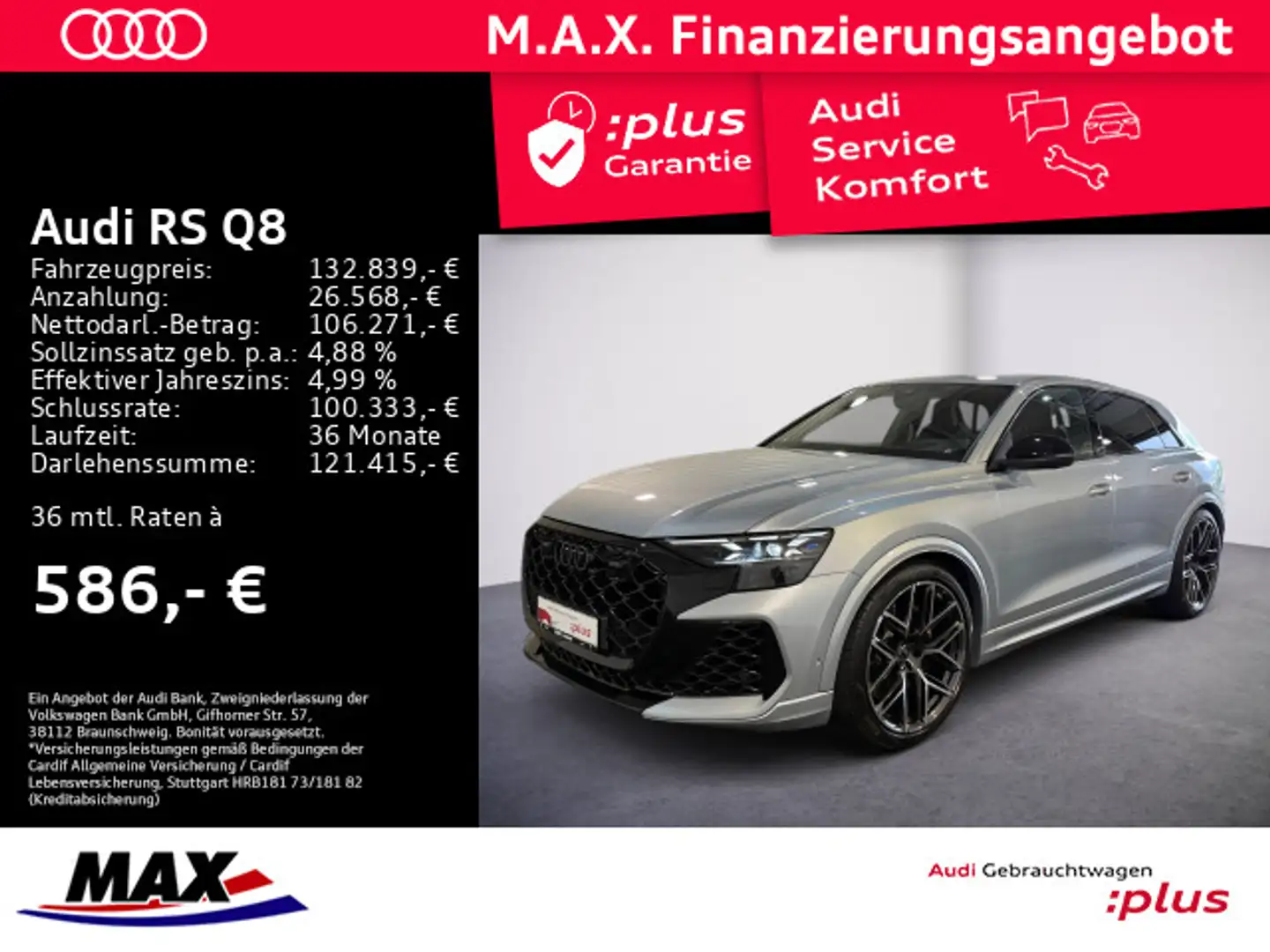 Audi RS Q8 HD MATRIX+AHK+SAGA+LUFT+PANO+WABEN+B&O+HUD Silber - 1