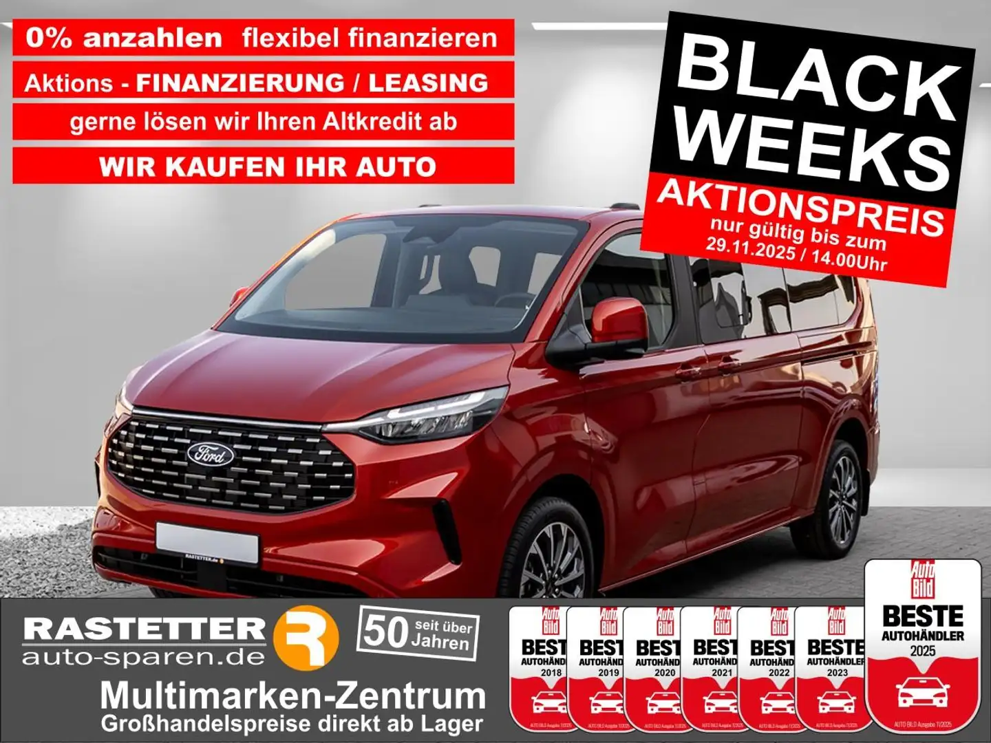 Ford Tourneo Custom L2 Titanium X 8S 5Jahre+Leder+19Z+Navi+SYNC4+ACC+3 Rojo - 1
