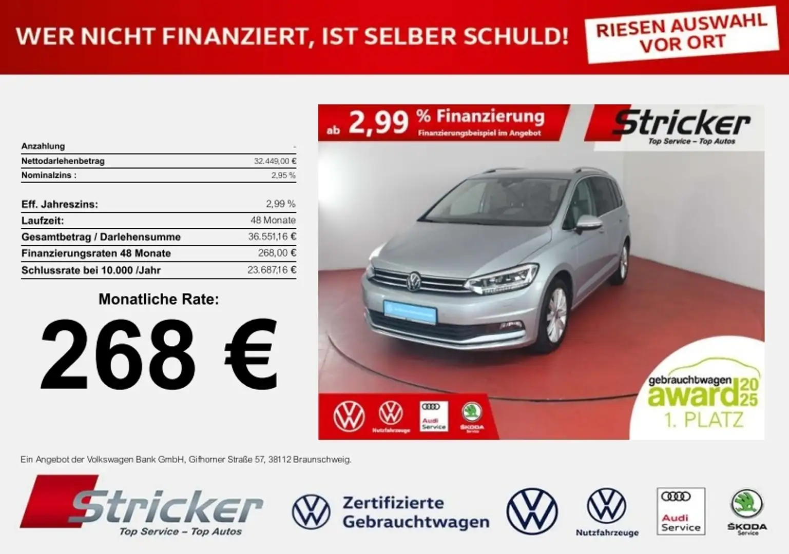 Volkswagen Touran Highline 2.0TDI DSG 268,-ohne Anzahlung 7-Sitzer Silber - 1