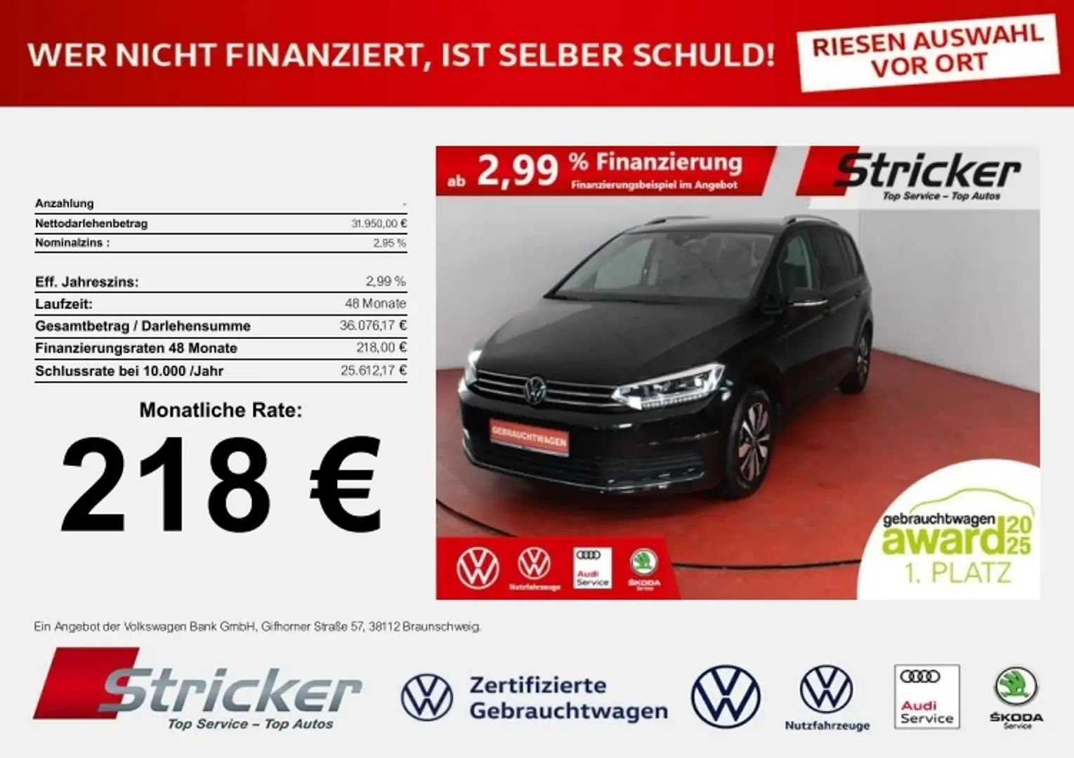 Volkswagen Touran Goal 1.5TSI DSG 218,-ohne Anzahlung AHK 7-Sitzer Schwarz - 1
