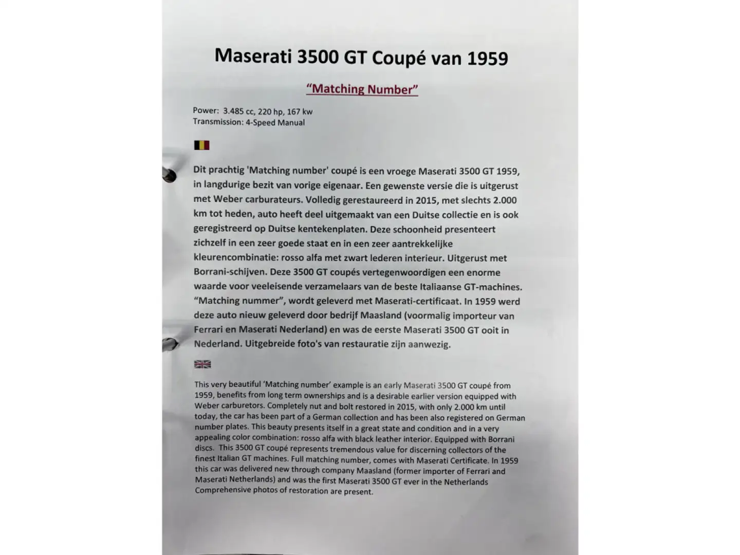Maserati 3500 GT Touring Superleggera Maching and NEW make Rouge - 2