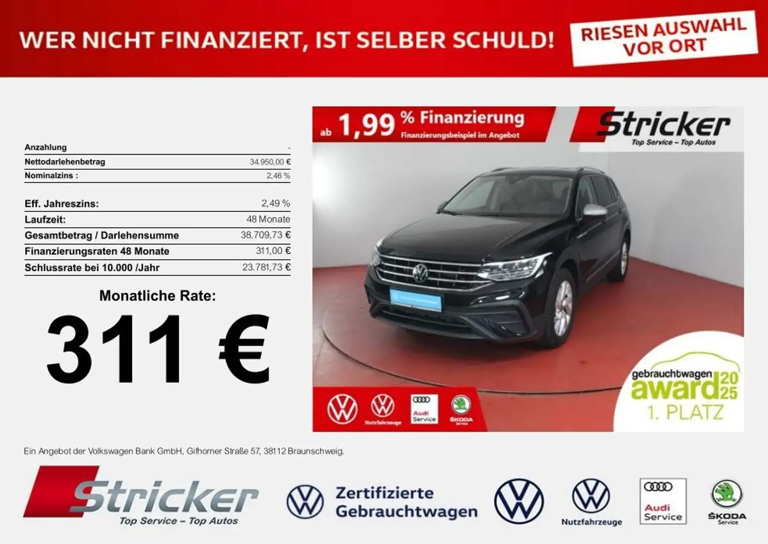 Volkswagen Tiguan Allspace Life 2.0TDI DSG 311,-ohne Anzahlung AHK 7-Sitzer Schwarz - 1