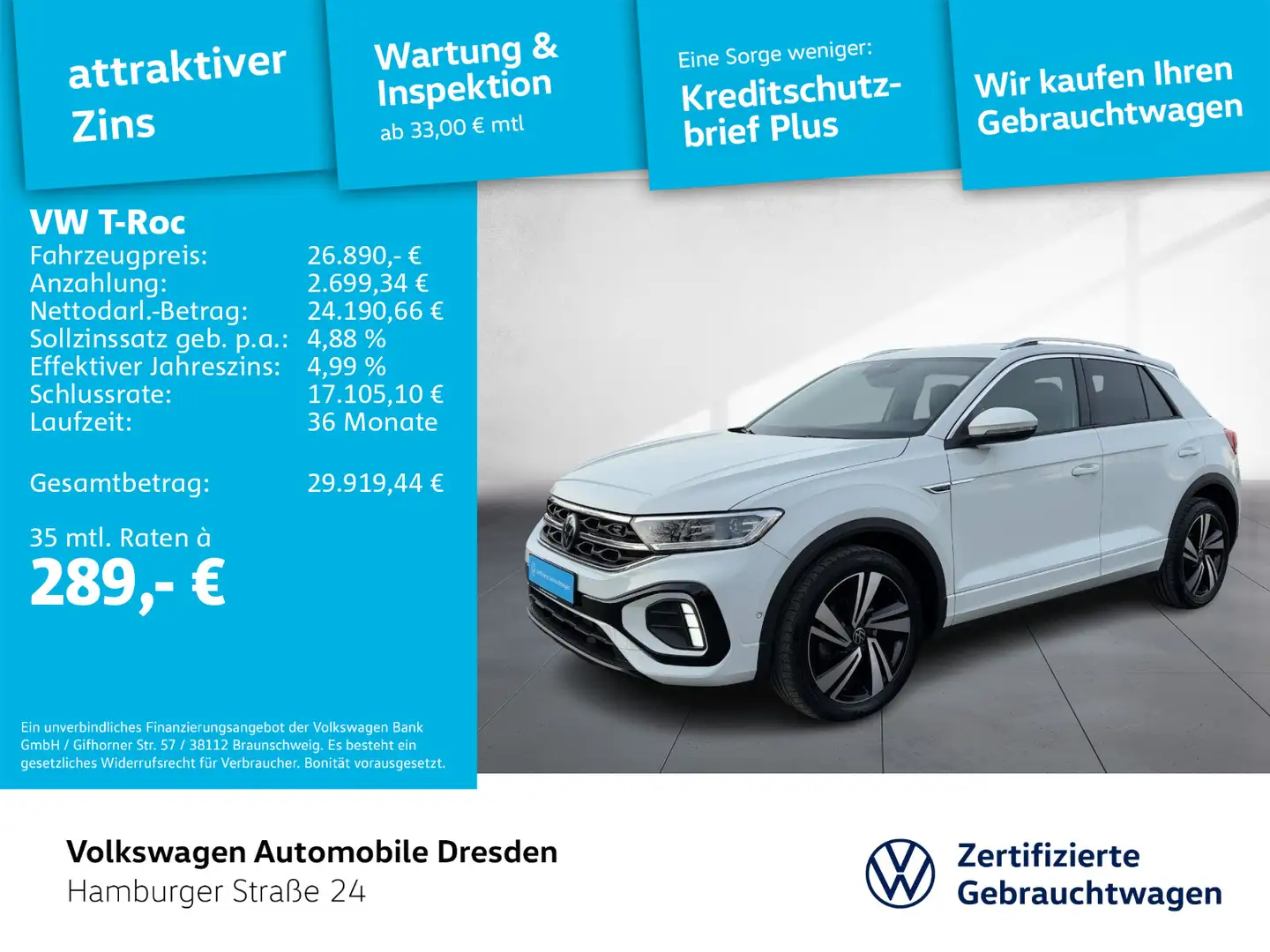 Volkswagen T-Roc R-Line 1.5 TSI DSG LED AHZV KAM APP TRAVEL Weiß - 1