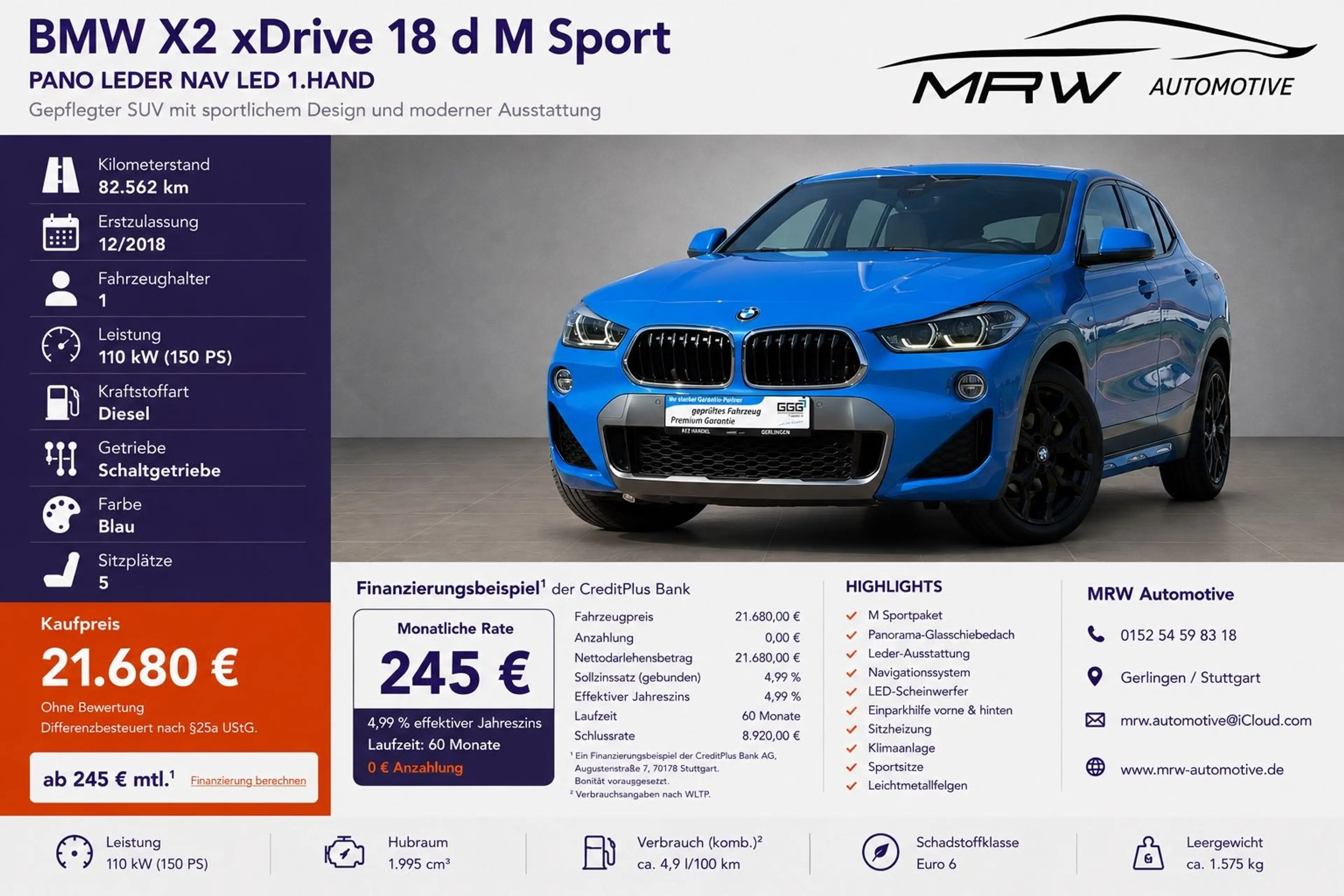 BMW X2 xDrive 18 d M Sport PANO LEDER NAV LED 1.HAND