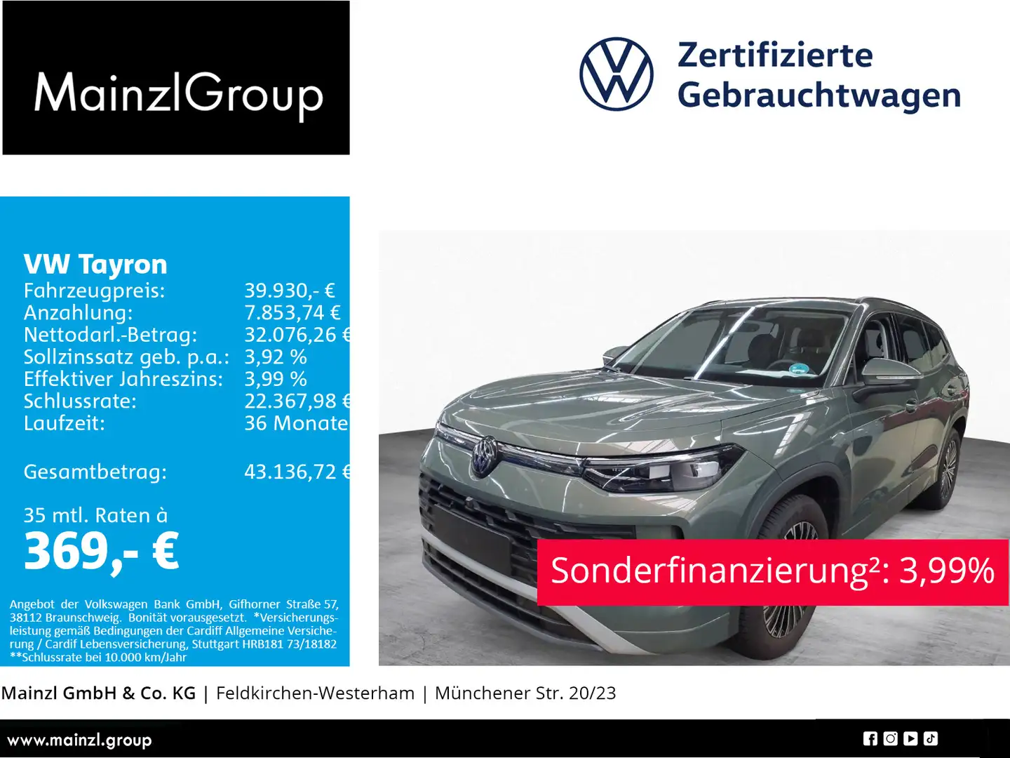 Volkswagen Tayron 1.5 eTSI DSG Life AHK 7-Sitz 360° Matrix Grün - 1