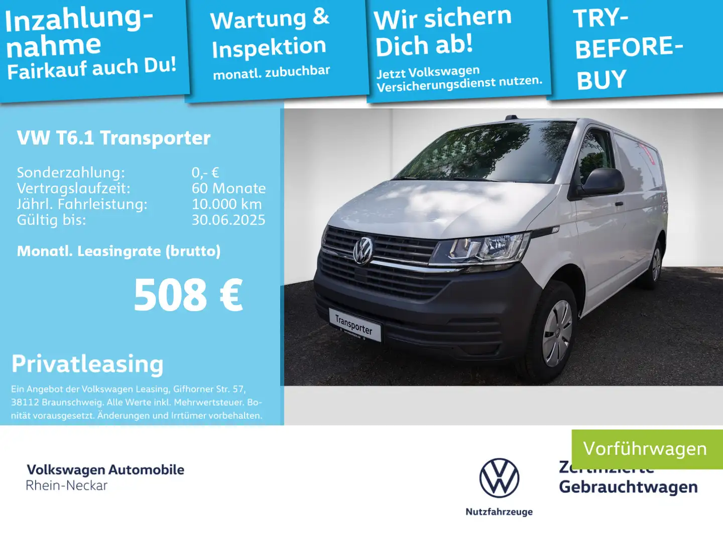 Volkswagen T6.1 Transporter T6.1 Kasten KR 3,0t 2.0 TDI SCR AHK Klima PDC Weiß - 1