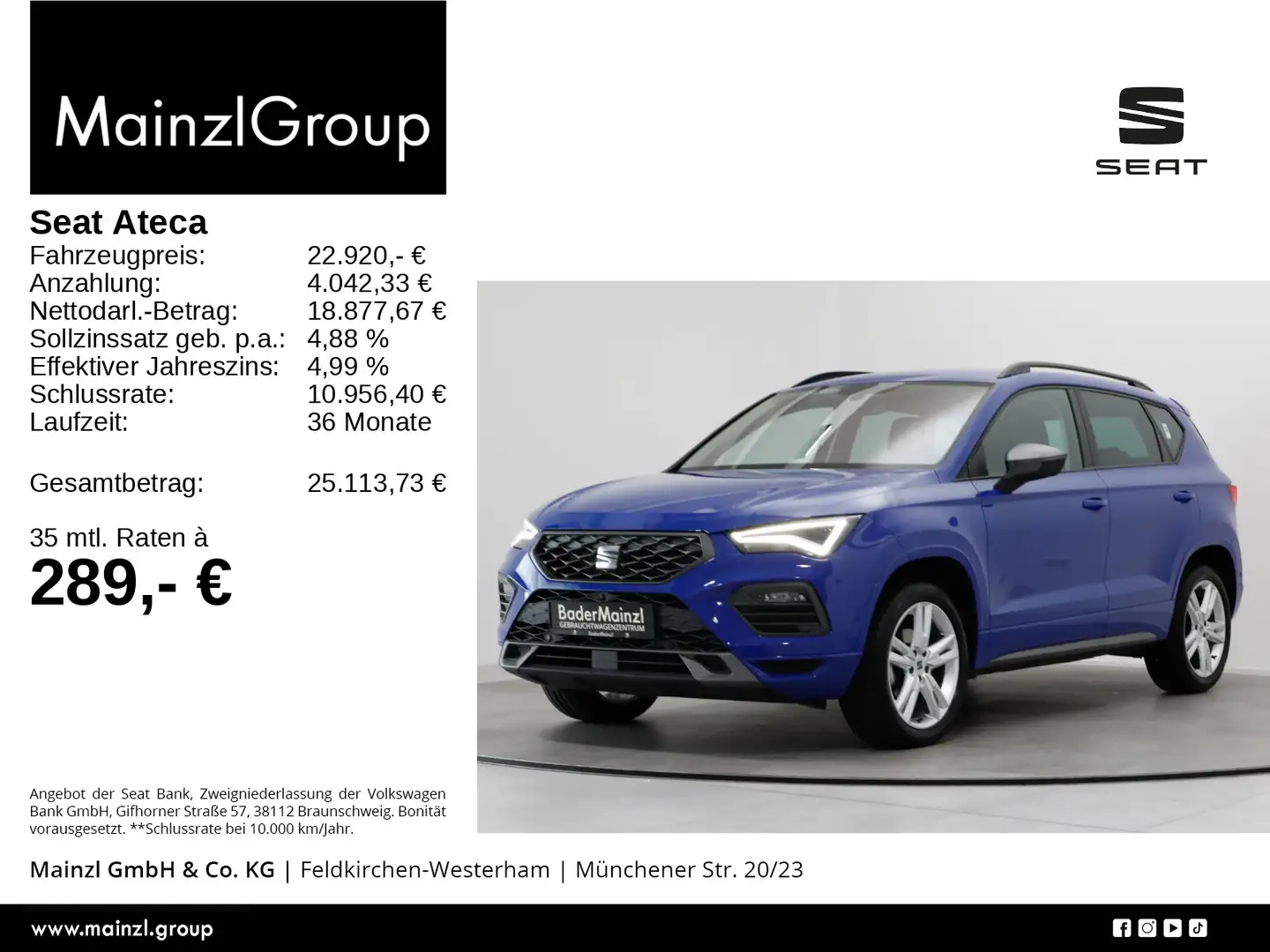 SEAT Ateca 1.5 TSI FR Stdhz Navi 360° Virtual Beats Blau - 1
