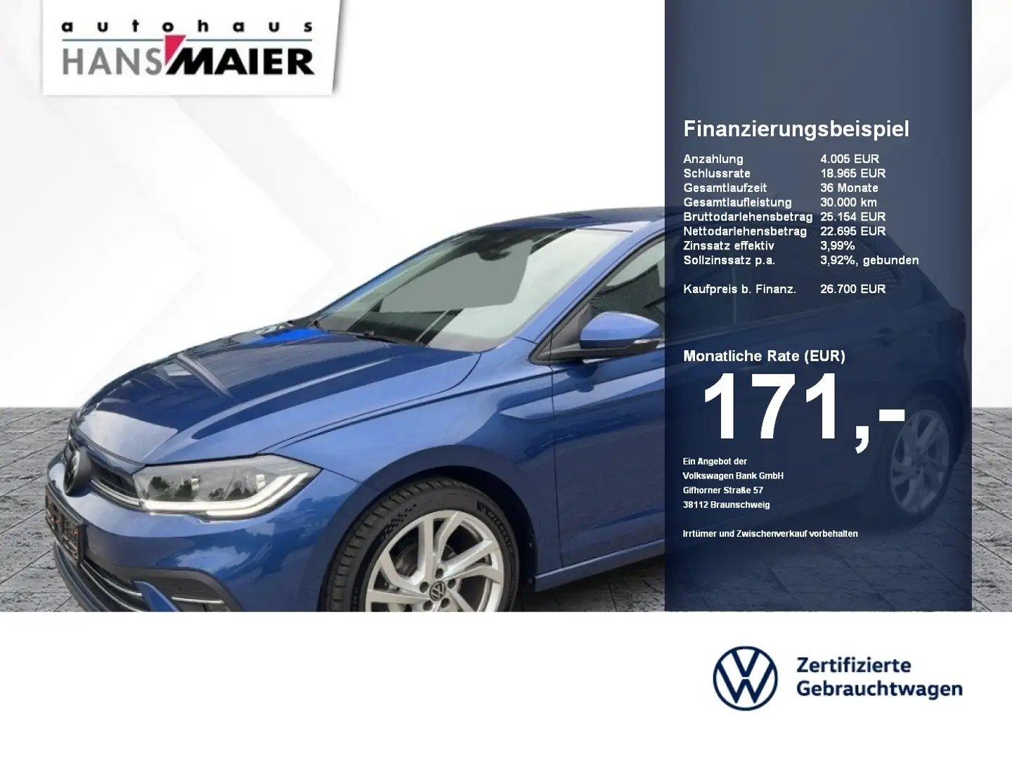 Volkswagen Polo Style TSI DSG Navi ACC SH LED PDC IQLight Blauw - 1