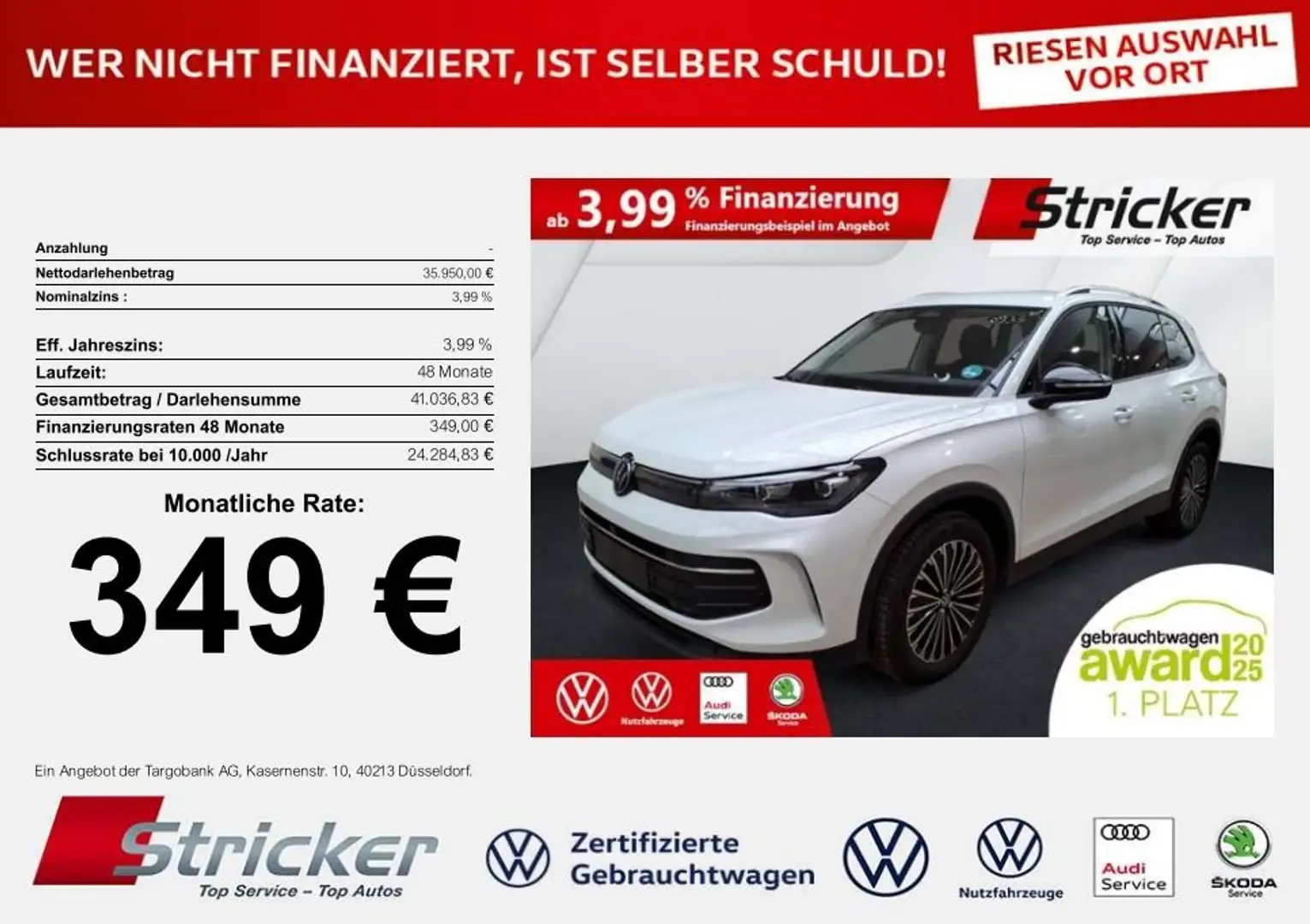 Volkswagen Tiguan Goal 2.0TDI DSG 349,-ohne Anzahlung Navi AHK Kame Weiß - 2