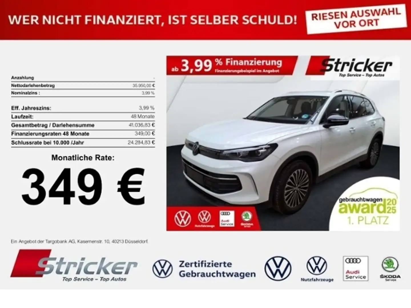 Volkswagen Tiguan Goal 2.0TDI DSG 349,-ohne Anzahlung Navi AHK Kame Weiß - 1
