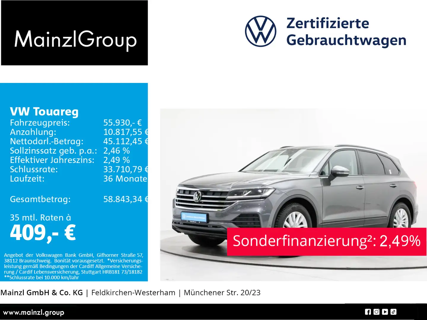 Volkswagen Touareg 3.0 TDI 4M AHK Navi SHZ Leder Kam. Luft Grau - 1