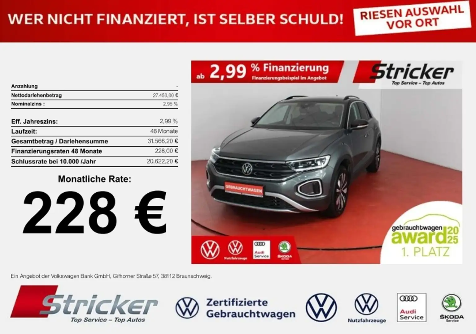 Volkswagen T-Roc GOAL 2.0TDI DSG 215,-ohne Anzahlung Navi AHK Kame Grau - 1