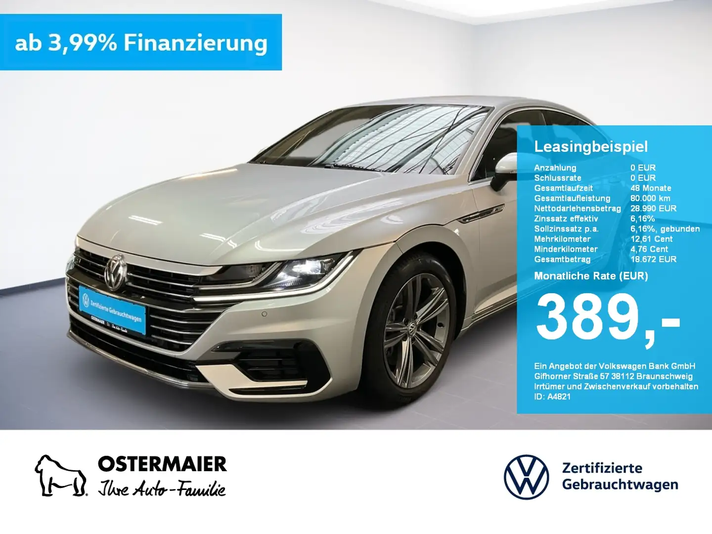 Volkswagen Arteon R-LINE 2.0TDI 239PS DSG 4M LED.AHK.ACC.NAVI.SHZG Silber - 1