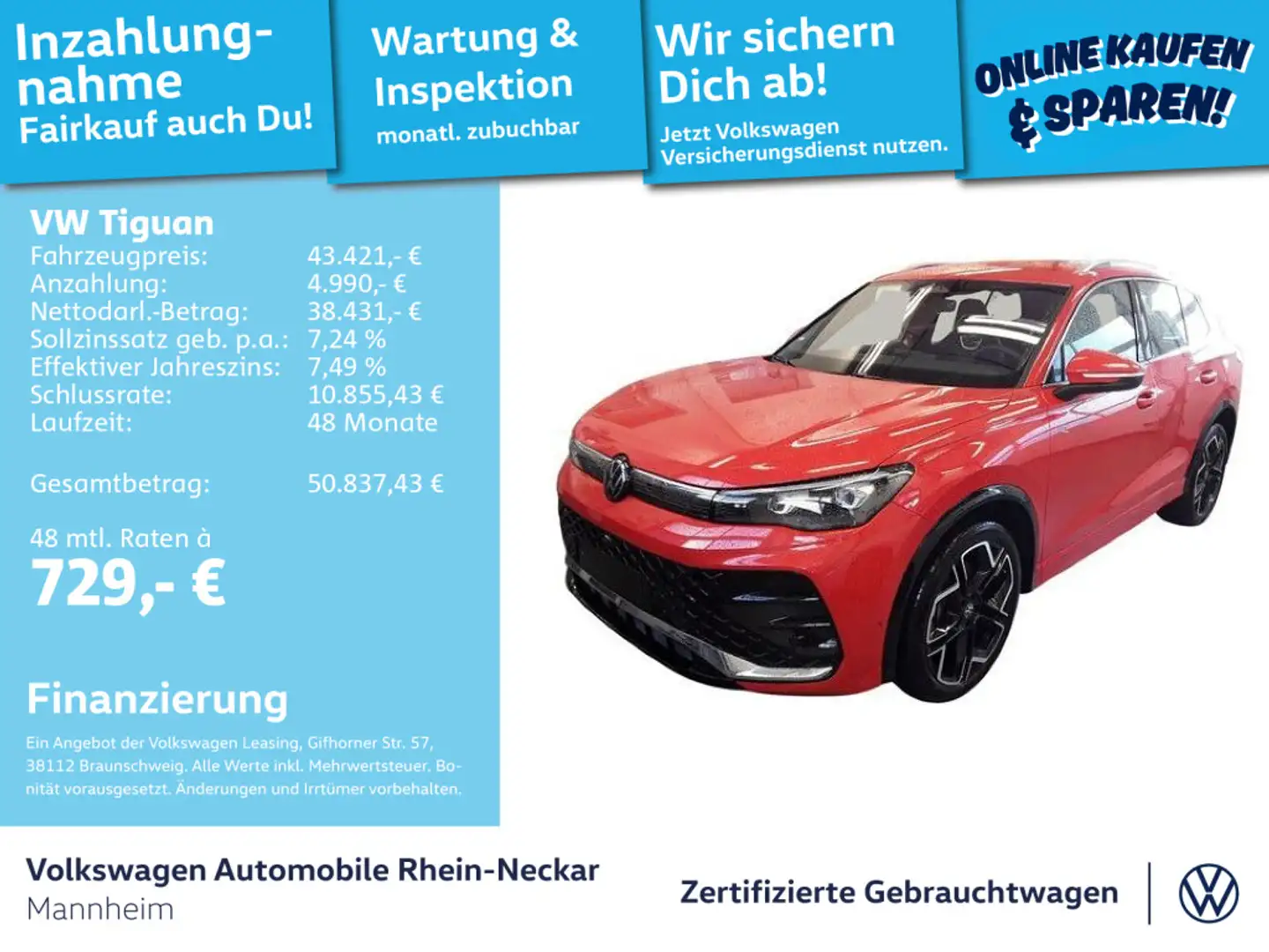 Volkswagen Tiguan 2.0 TDI R-Line DSG GAR 2030 Navi Standhei Rot - 1