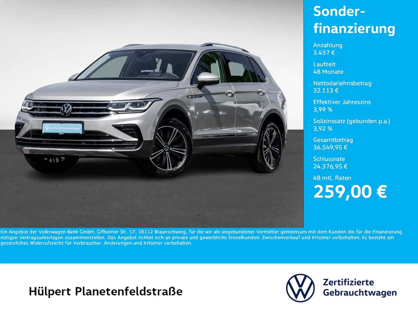 Volkswagen Tiguan 2.0 ELEGANCE AHK 360°CAM ACC LM18 NAVI Срібний - 1