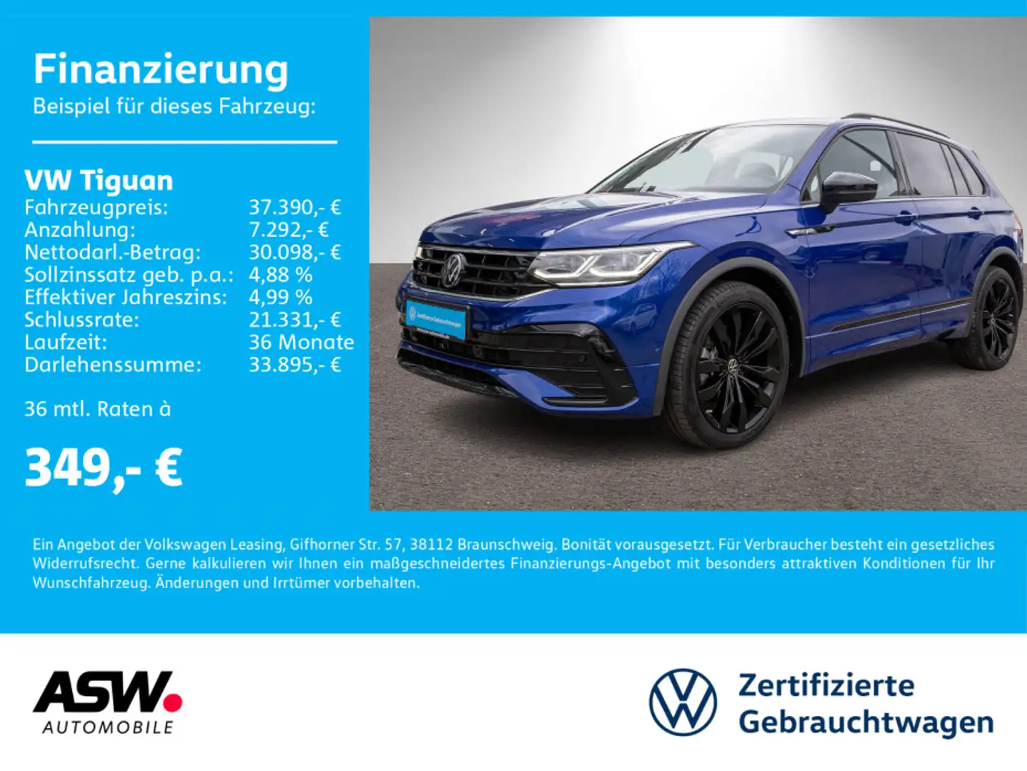 Volkswagen Tiguan R-Line 4M 2.0TDI DSG Head-up AHK RFK PANO Blauw - 1