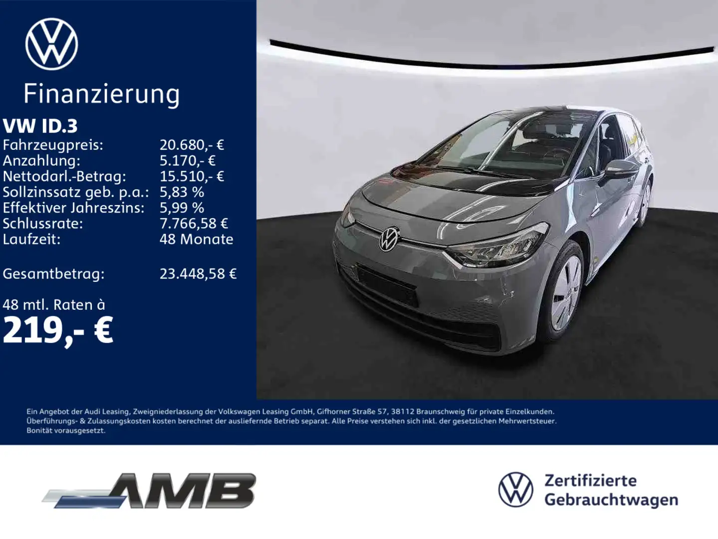 Volkswagen ID.3 Pro 58kWh/AHK/LED/Navi/Sitzhzg/Lederlenkrad Grau - 1