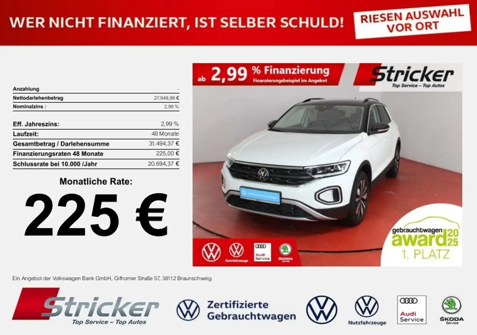 Volkswagen T-Roc Goal 2.0 TDI DSG 225,-ohne Anzahlung AHK Navi Kam Weiß - 1