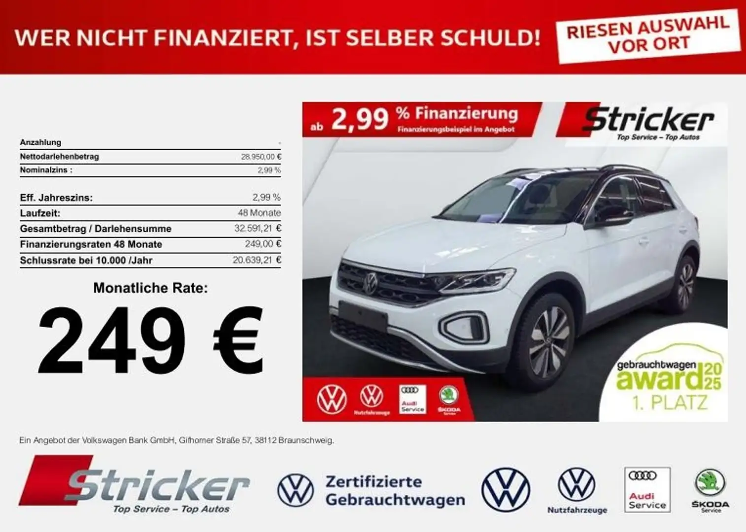 Volkswagen T-Roc Goal 2.0 TDI DSG 249,-ohne Anzahlung AHK Navi Kam Weiß - 2