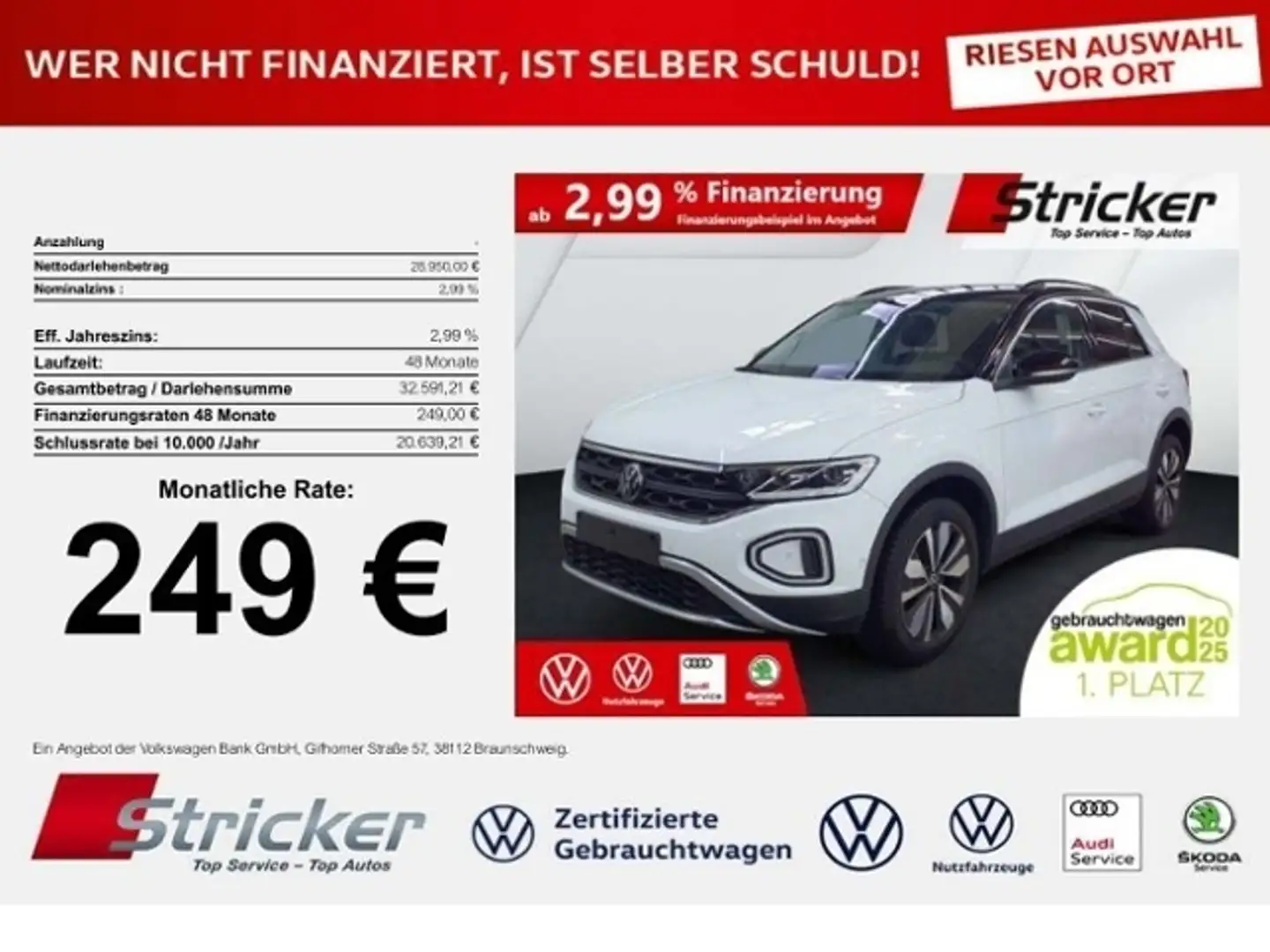 Volkswagen T-Roc Goal 2.0 TDI DSG 249,-ohne Anzahlung AHK Navi Kam Weiß - 1