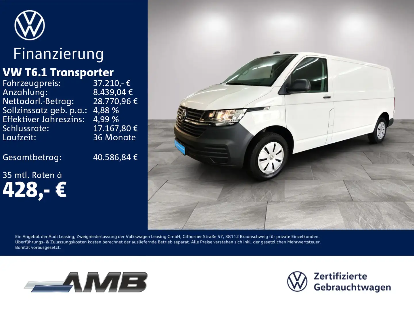 Volkswagen T6.1 Transporter T6.1 Kasten 2.0 TDI LR AHK/Navi/Lang/Sitzhzg/3Si Blanc - 1