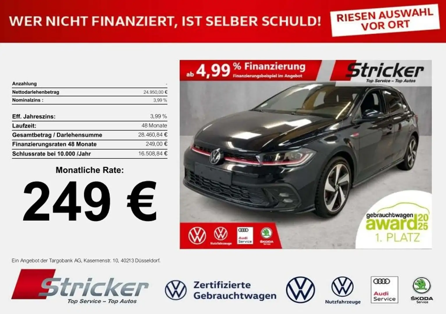 Volkswagen Polo GTI 2.0TSI DSG 249,-ohne Anzahlung ACC App-Connec Schwarz - 1
