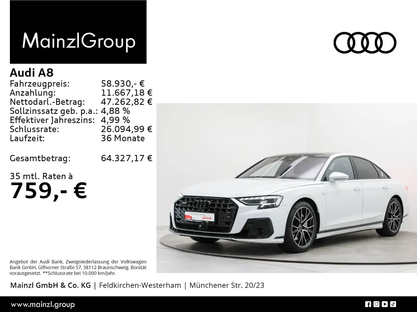 Audi A8 55 TFSI quattro S line Stdhz HUD Pano Matrix Weiß - 1