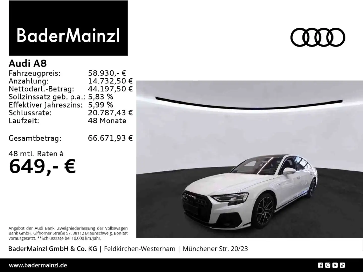Audi A8 55 TFSI quattro S line Stdhz HUD Pano Matrix Weiß - 1