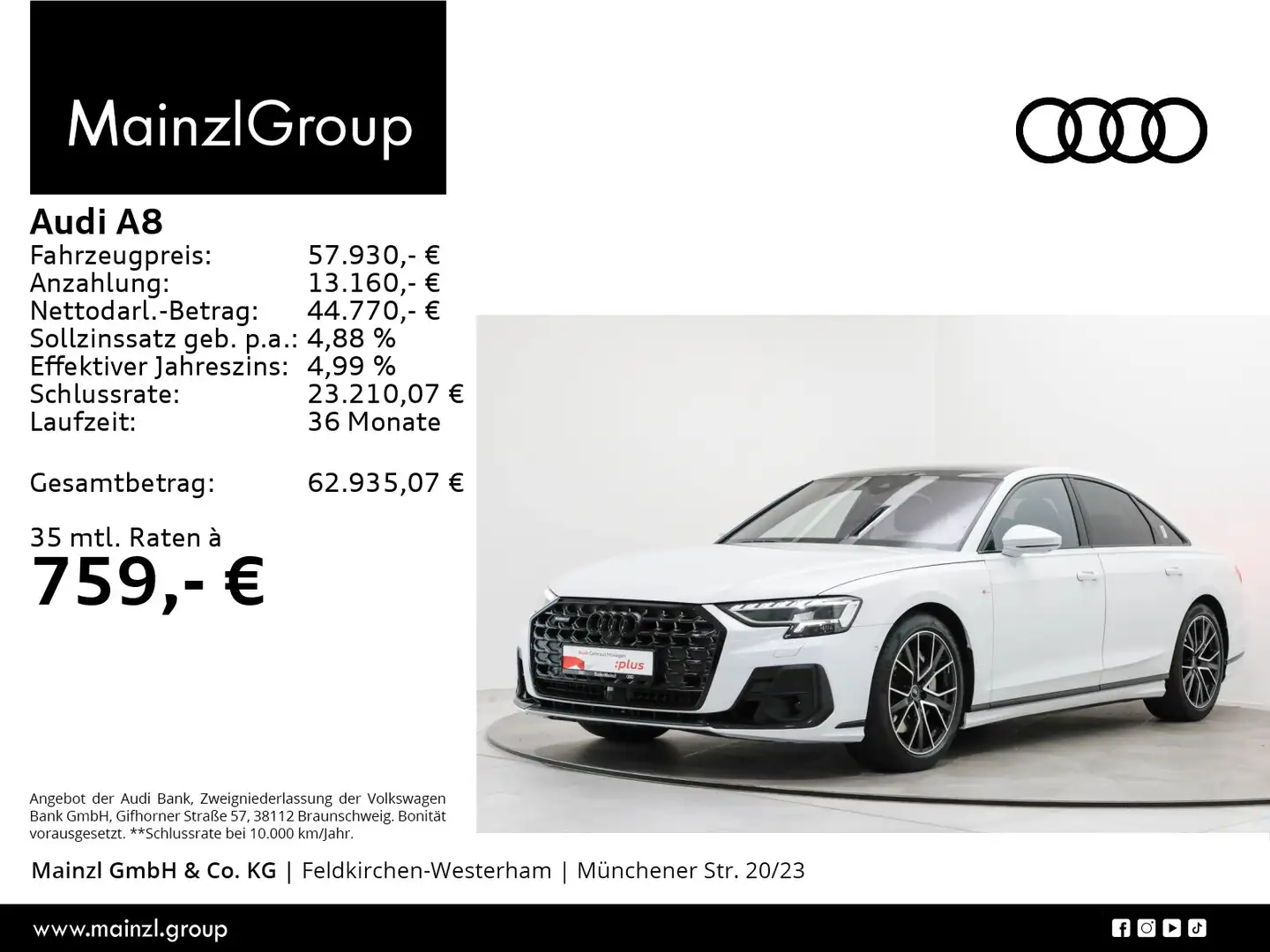 Audi A8 55 TFSI quattro S line Stdhz HUD Pano Matrix Weiß - 1