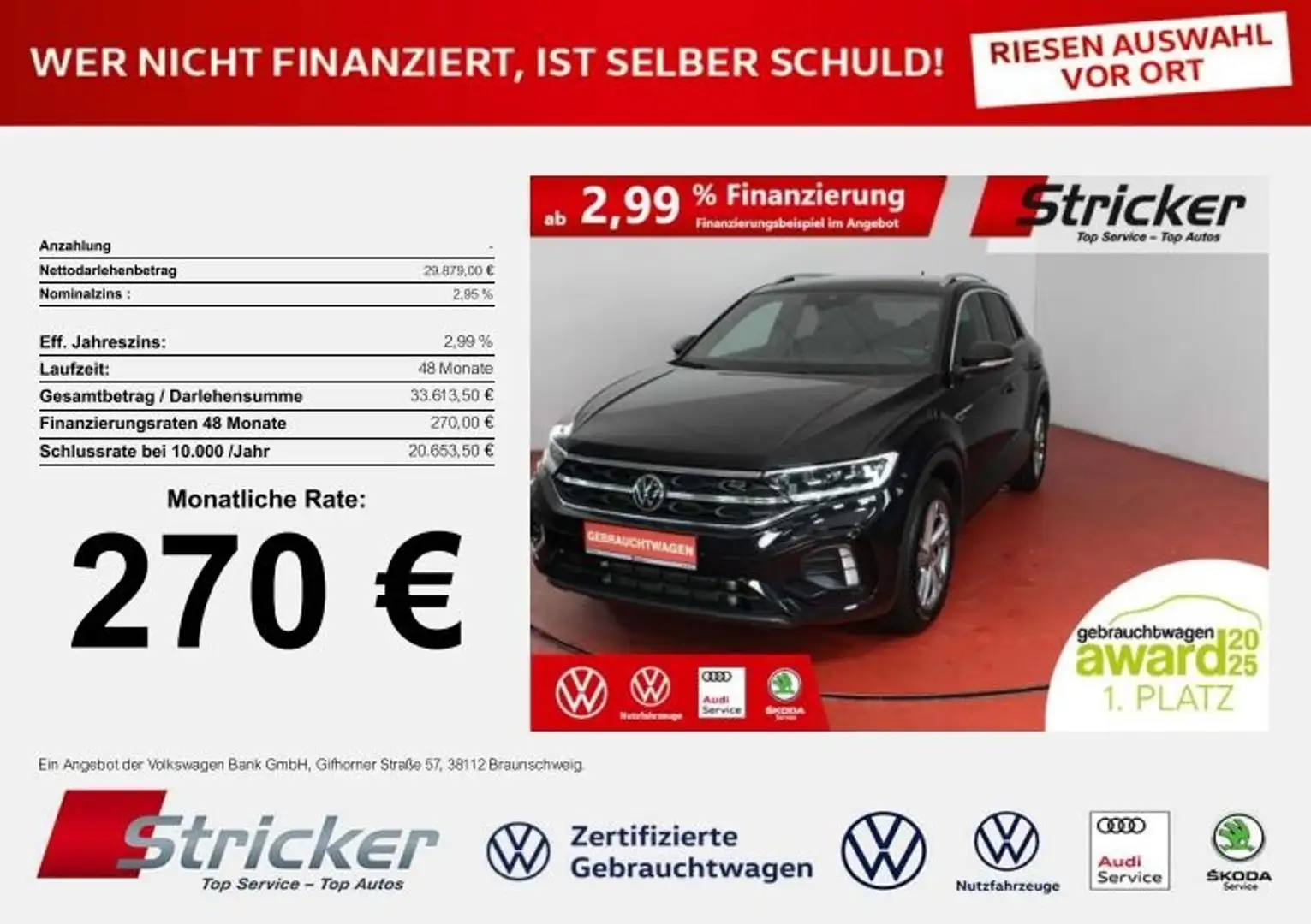 Volkswagen T-Roc R-Line 1.5TSI DSG 270,-ohne Anzahlung Navi AHK Ka Schwarz - 1