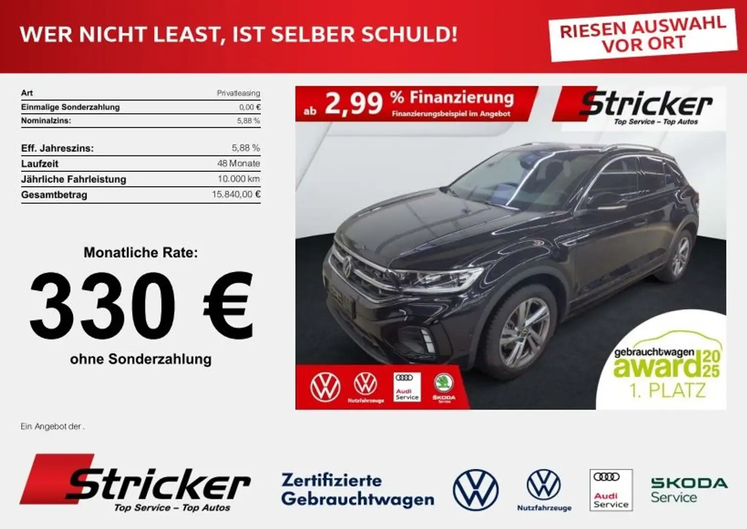 Volkswagen T-Roc R-Line 1.5TSI DSG 274,-ohne Anzahlung Navi AHK Ka Schwarz - 2