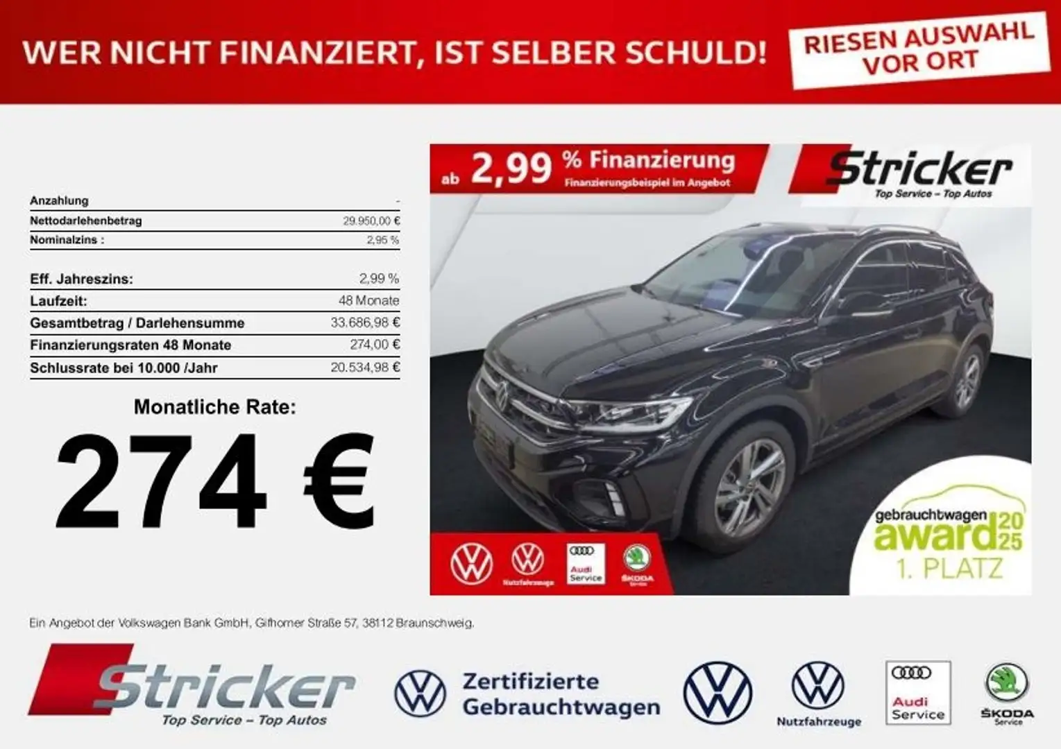 Volkswagen T-Roc R-Line 1.5TSI DSG 274,-ohne Anzahlung Navi AHK Ka Schwarz - 1