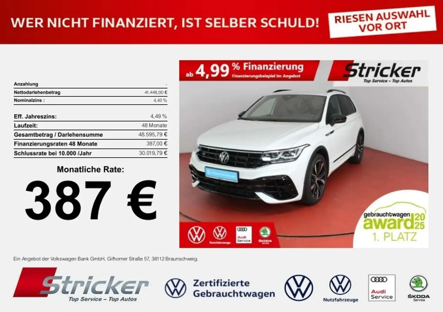 Volkswagen Tiguan R Black Style 2.0TSI 387,-ohne Anzahlung AHK Trav Weiß - 1