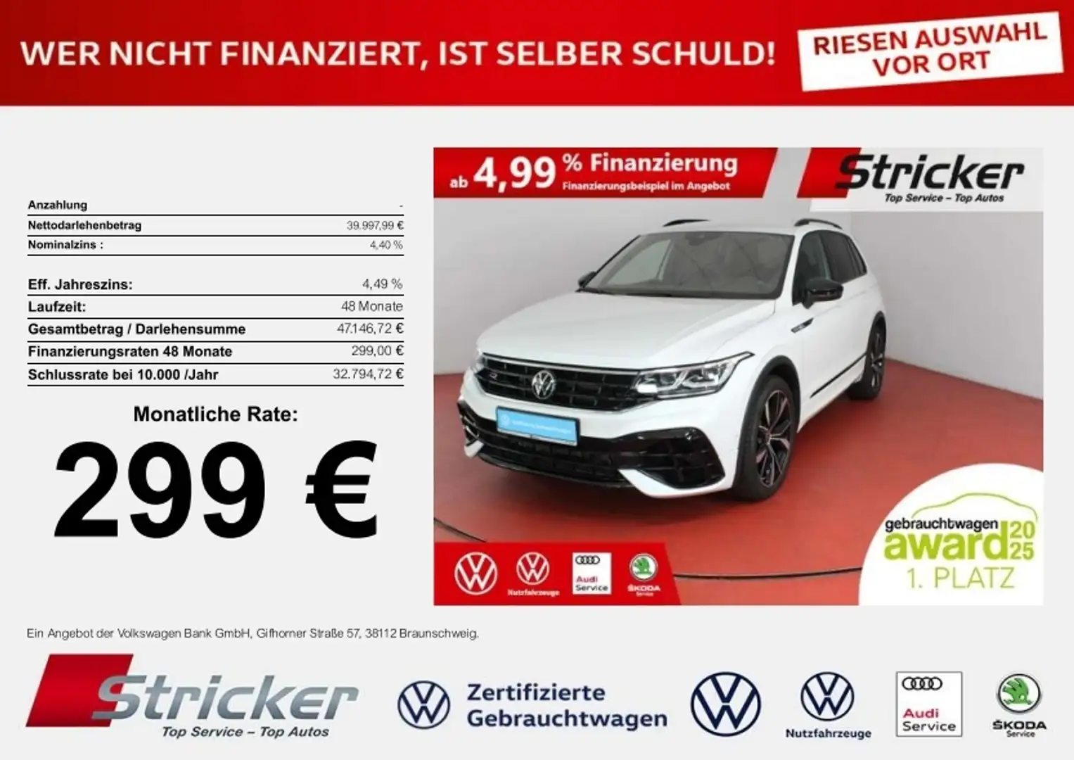 Volkswagen Tiguan R Black Style 2.0TSI 299,-ohne Anzahlung AHK Trav Weiß - 1