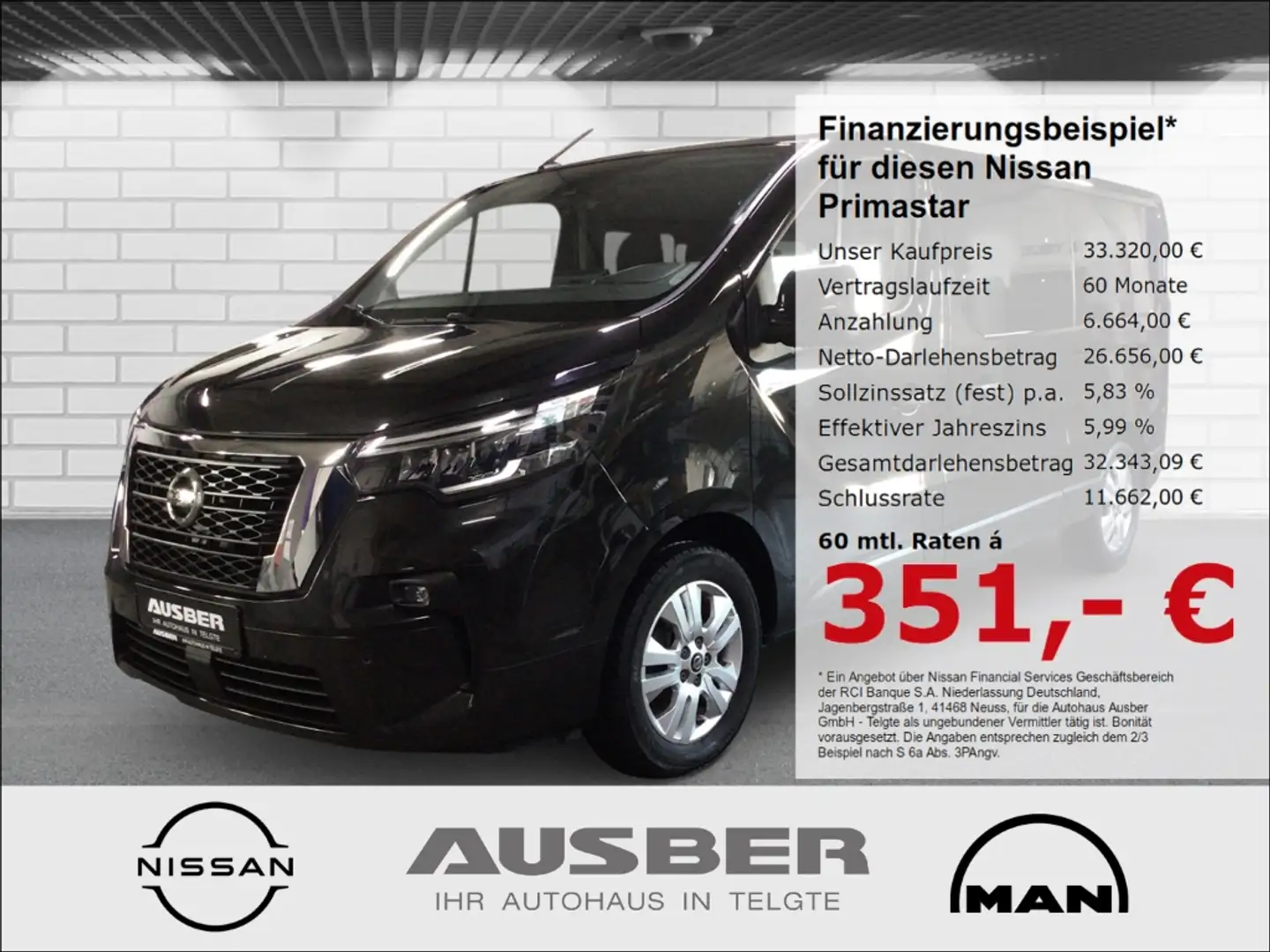 Nissan Primastar Kombi L2H1 9Sitzer Hecktüren 2Schiebetüren 3,0t TE Schwarz - 1