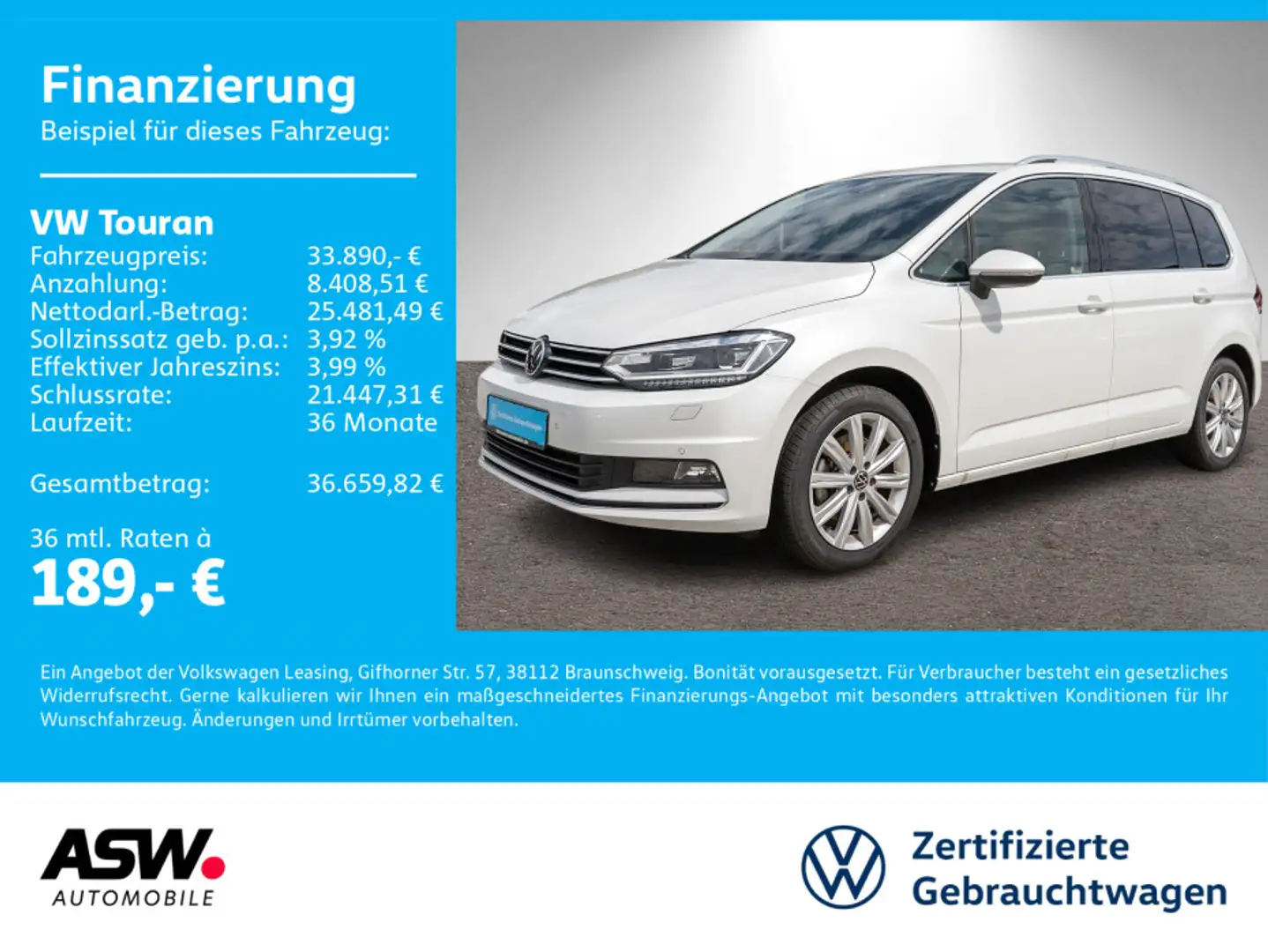 Volkswagen Touran Highline 2.0 TDI DSG LED Navi RFK 7-S AHK Weiß - 1