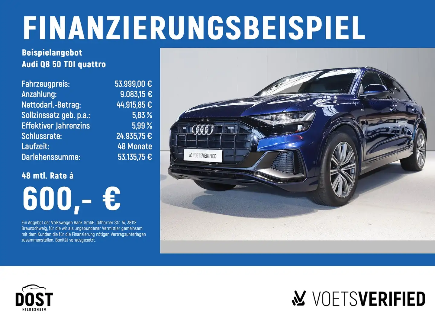 Audi Q8 50 TDI quattro S-LINE+ACC+HuD+MATRIX+PANO Blauw - 2