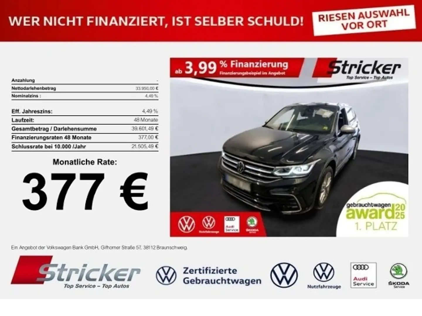 Volkswagen Tiguan Allspace R-Line 2.0TSI DSG 4M 377,-ohne Anzahlung AHK Kame Schwarz - 1