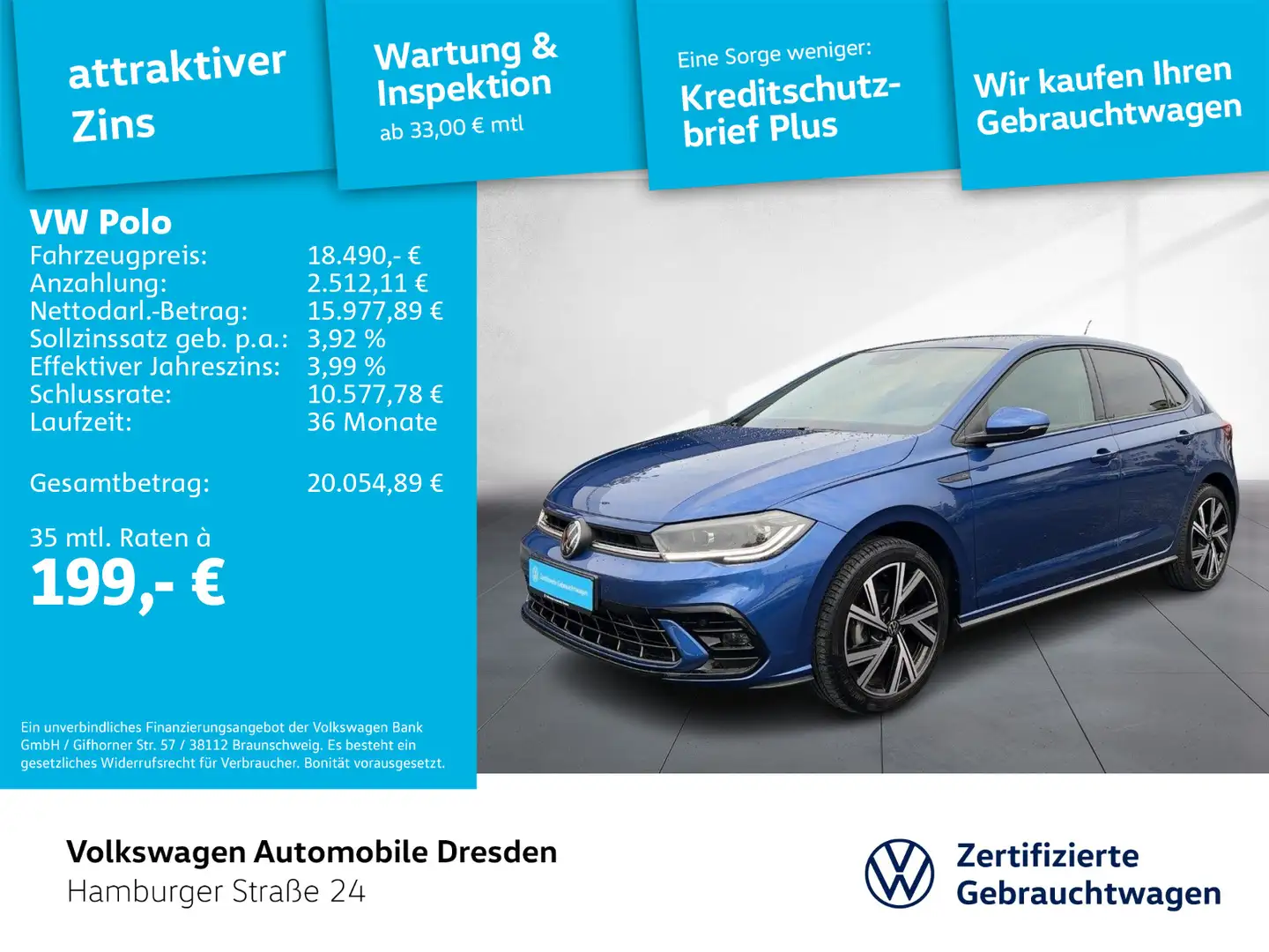 Volkswagen Polo R-Line 1.0 TSI IQ.LIGHT APP PDC TRAVEL Blau - 1