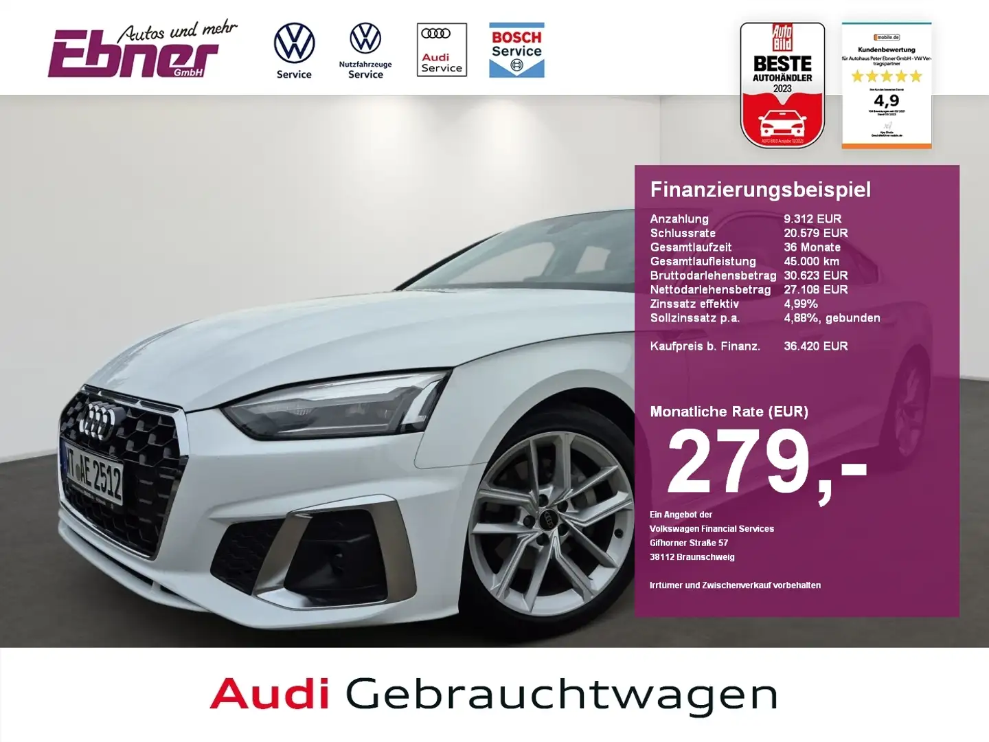 Audi A5 Sportback S-LINE 40TFSI S-TRONIC KAMERA+NAVI+LED+S Weiß - 1