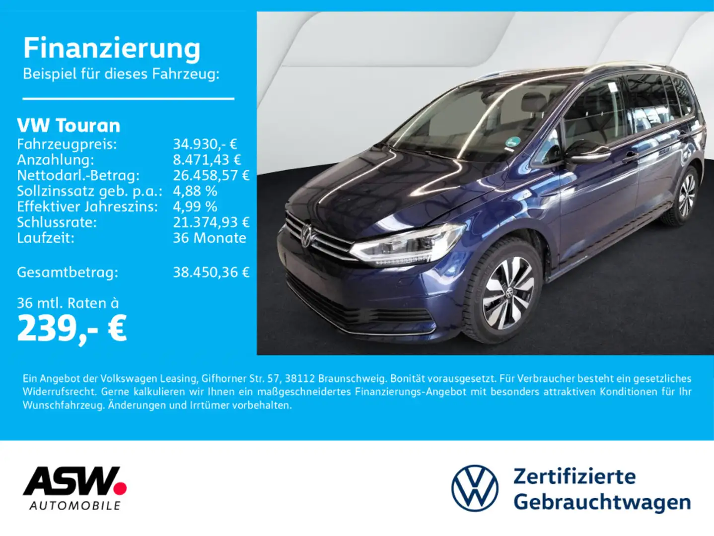 Volkswagen Touran Goal 2.0 TDI DSG LED Navi PDC SHZ AHK 7-S Blau - 1
