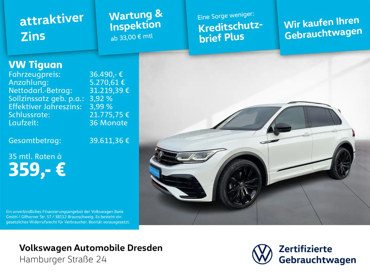 Volkswagen Tiguan R-Line 2.0 TDI DSG 4M IQ.LIGHT AHZV HUD Weiß - 1