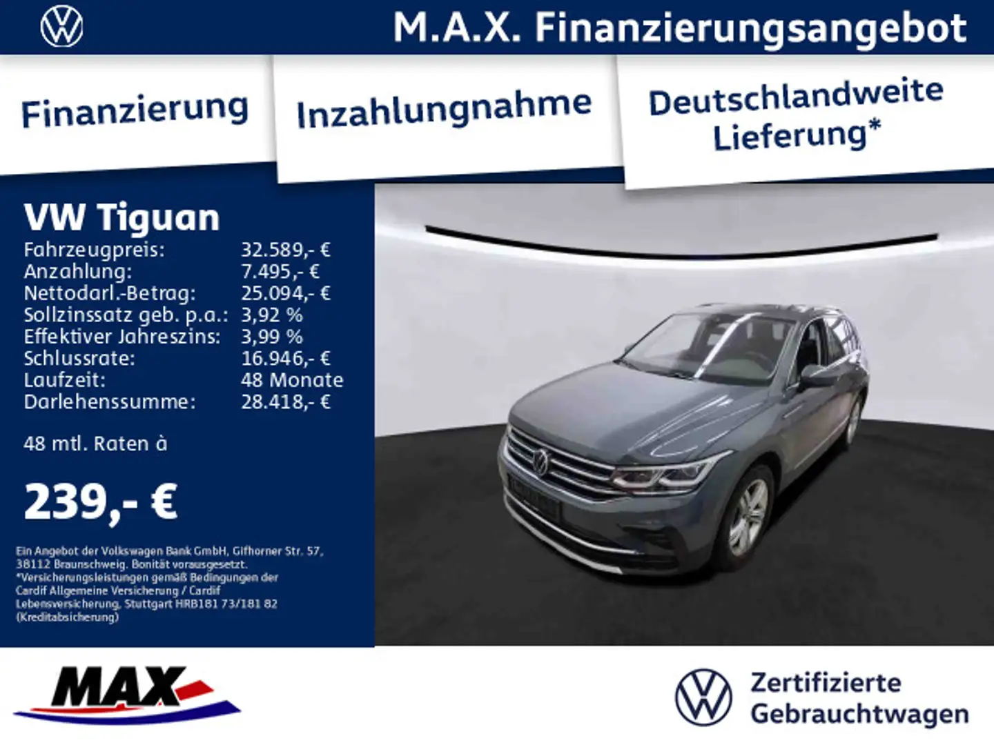 Volkswagen Tiguan 2.0 TDI DSG 4M ELEGANCE IQ.LIGHT+AHK+RFK+ Grau - 1