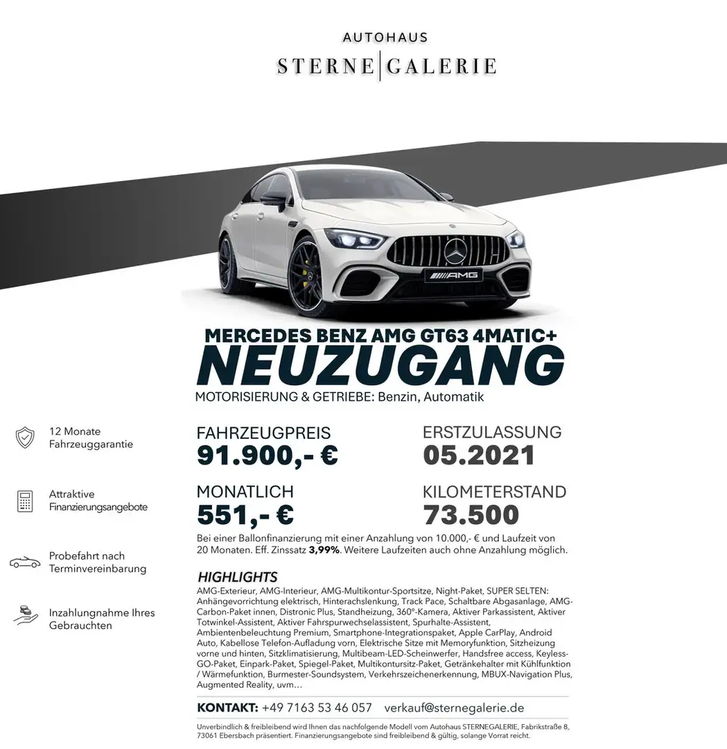 Mercedes-Benz AMG GT 63 AHK/MULTIK/DISTRO+/CARBON/STH/360° Wit - 1