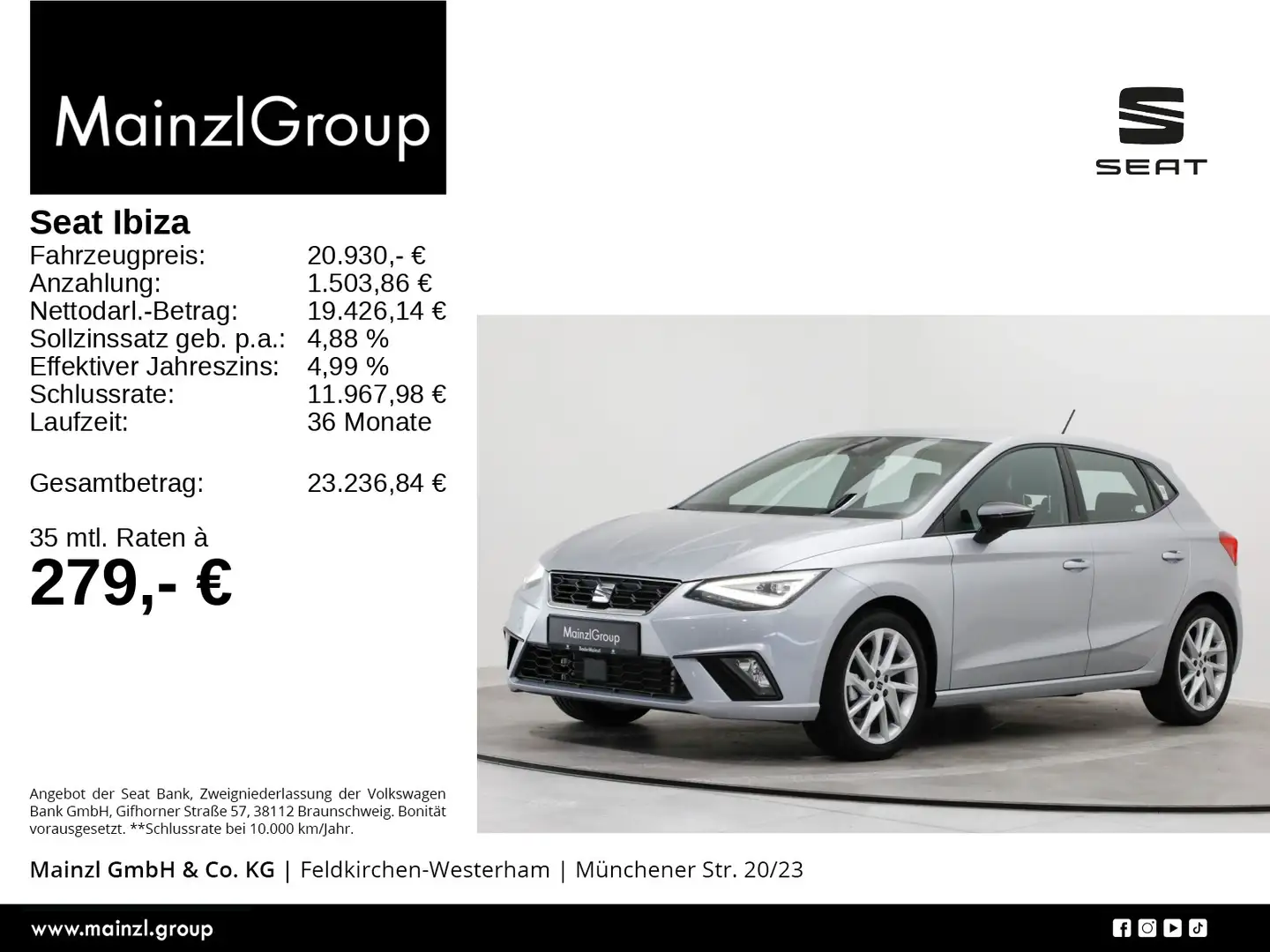 SEAT Ibiza 1.0 TSI FR SHZ ACC PDC CarPlay Silber - 1