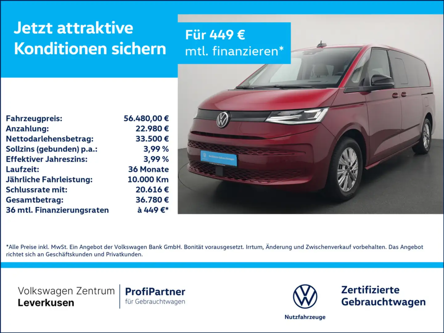 Volkswagen T7 Multivan Life lang 7-SITZER PANO STANDHZ A Rot - 1